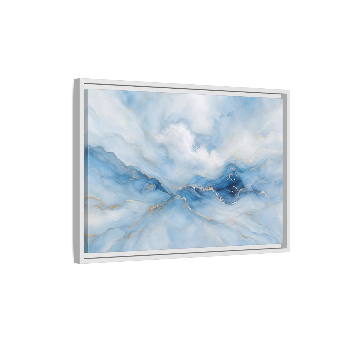 Side Mockup 1. Abstract Fluid Art Blue And Gold Fluid Art shown as stretched canvas wall art