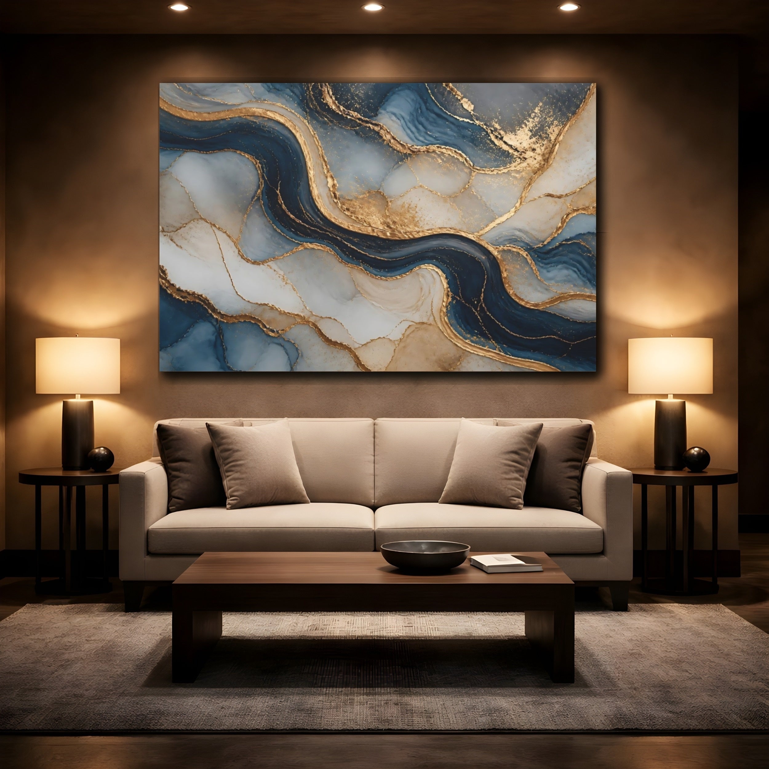 Mockup 2. Abstract Fluid Art Blue And Gold shown as stretched canvas wall art