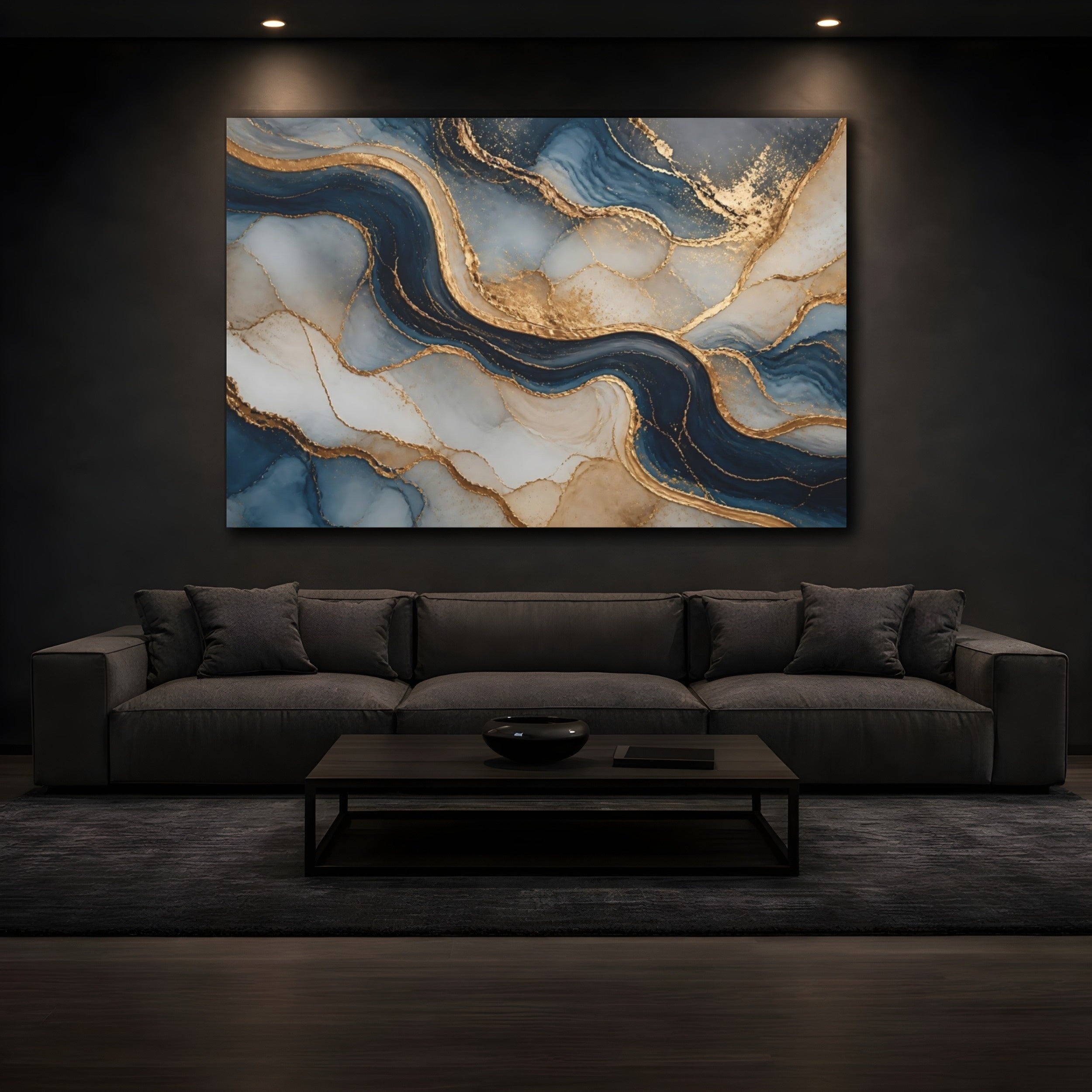 Mockup 3. Abstract Fluid Art Blue And Gold shown as stretched canvas wall art