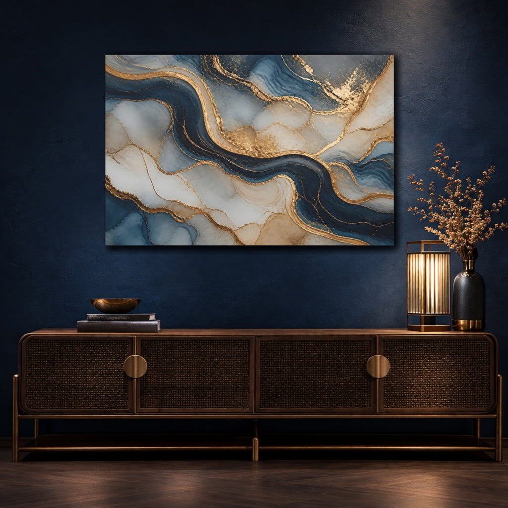 Mockup 4. Abstract Fluid Art Blue And Gold shown as stretched canvas wall art