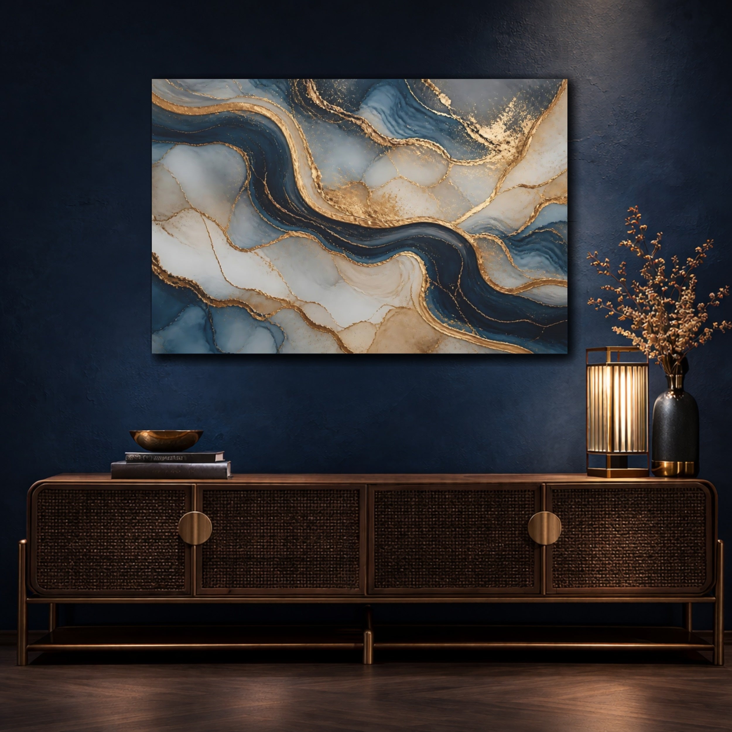 Mockup 4. Abstract Fluid Art Blue And Gold shown as stretched canvas wall art
