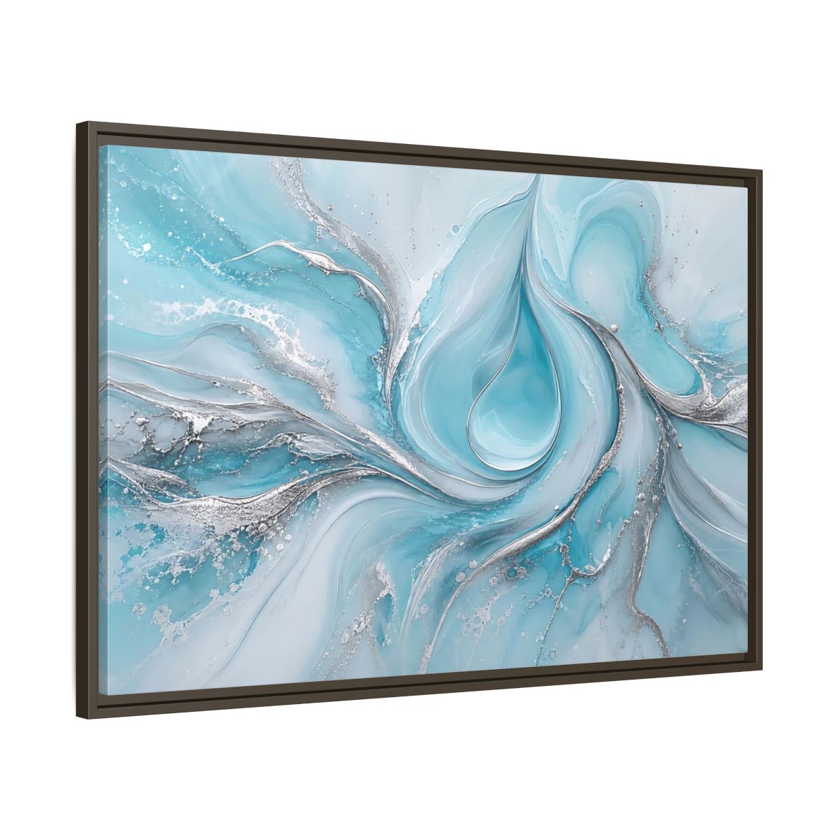 Main Mockup. Abstract Fluid Art Blue And Silver shown as stretched canvas wall art