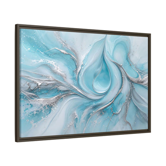 Main Mockup. Abstract Fluid Art Blue And Silver shown as stretched canvas wall art