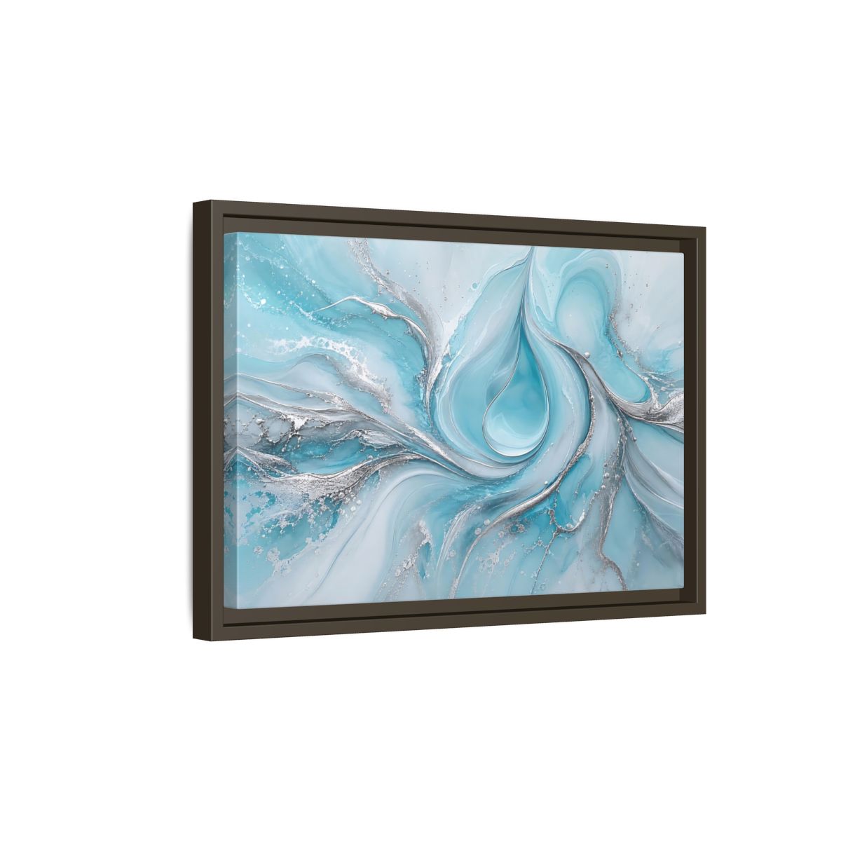 Side Mockup 5. Abstract Fluid Art Blue And Silver shown as stretched canvas wall art