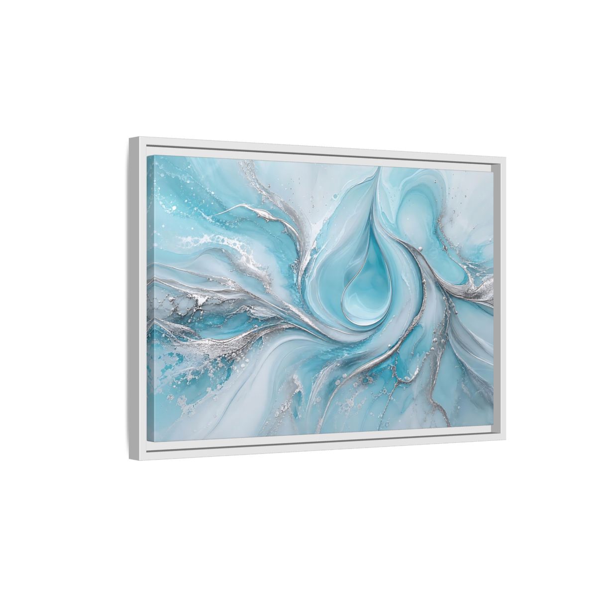 Side Mockup 1. Abstract Fluid Art Blue And Silver shown as stretched canvas wall art