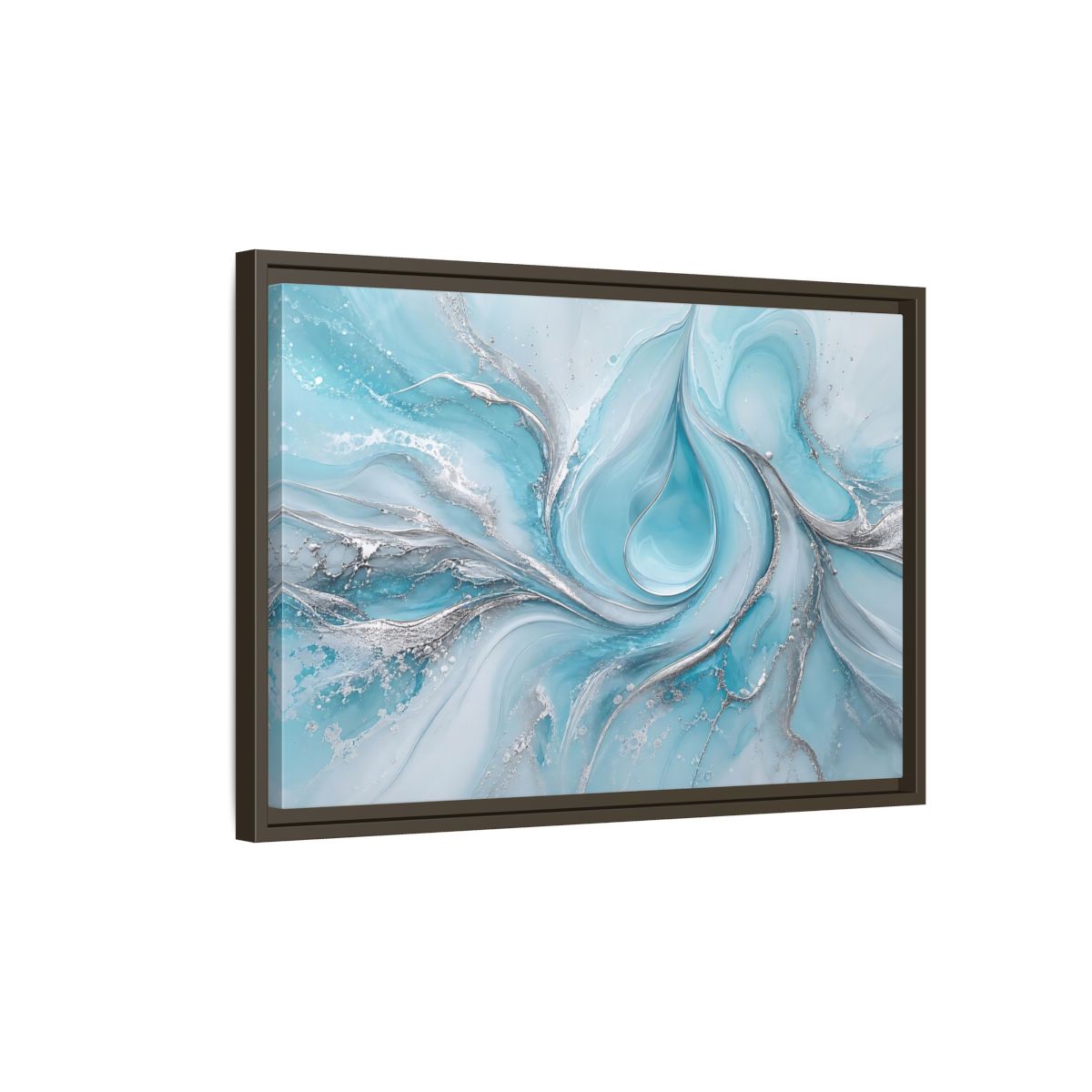 Side Mockup 2. Abstract Fluid Art Blue And Silver shown as stretched canvas wall art