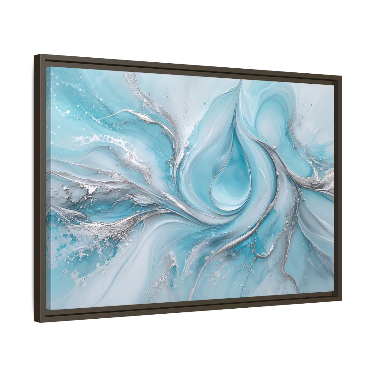 Side Mockup 11. Abstract Fluid Art Blue And Silver shown as stretched canvas wall art