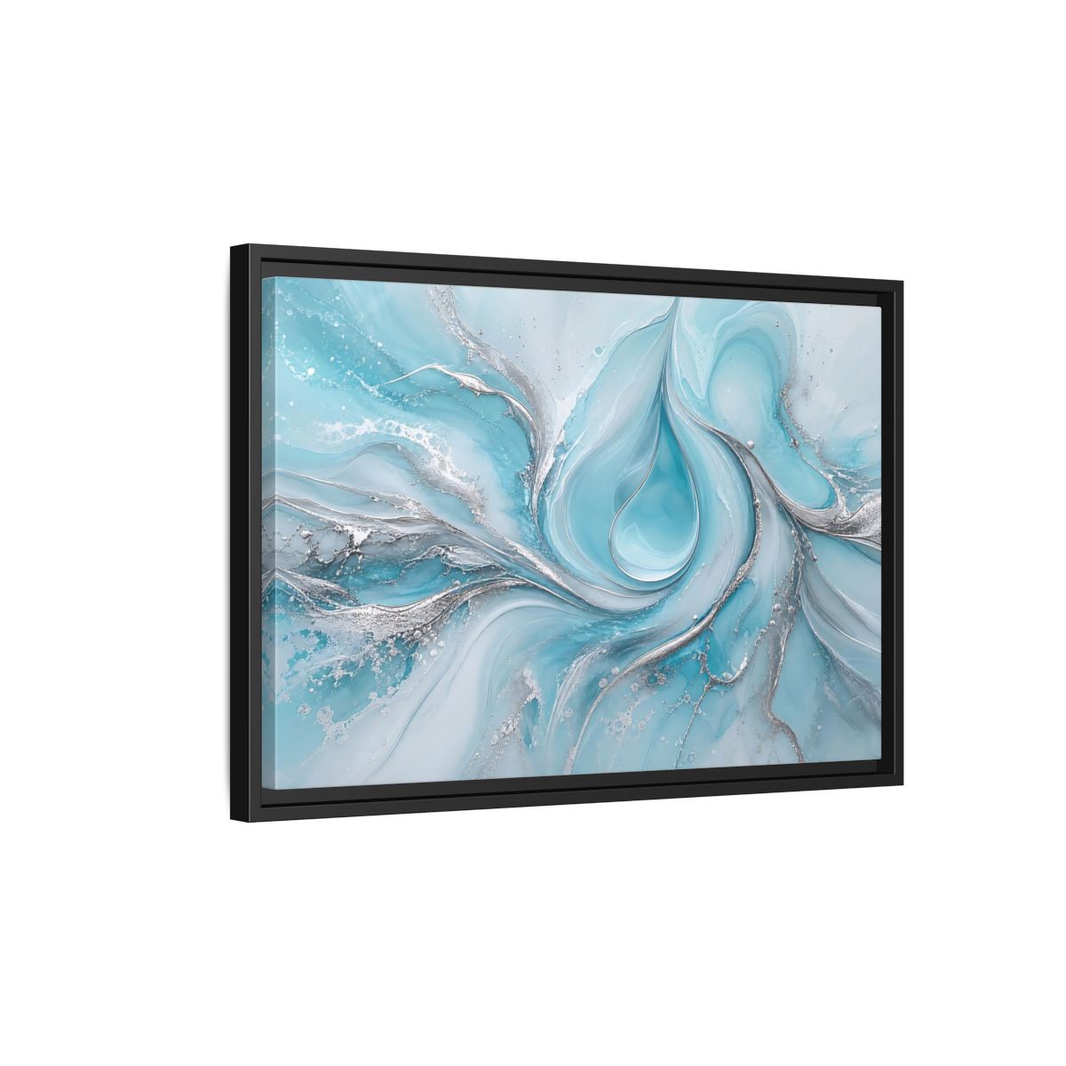 Side Mockup 3. Abstract Fluid Art Blue And Silver shown as stretched canvas wall art