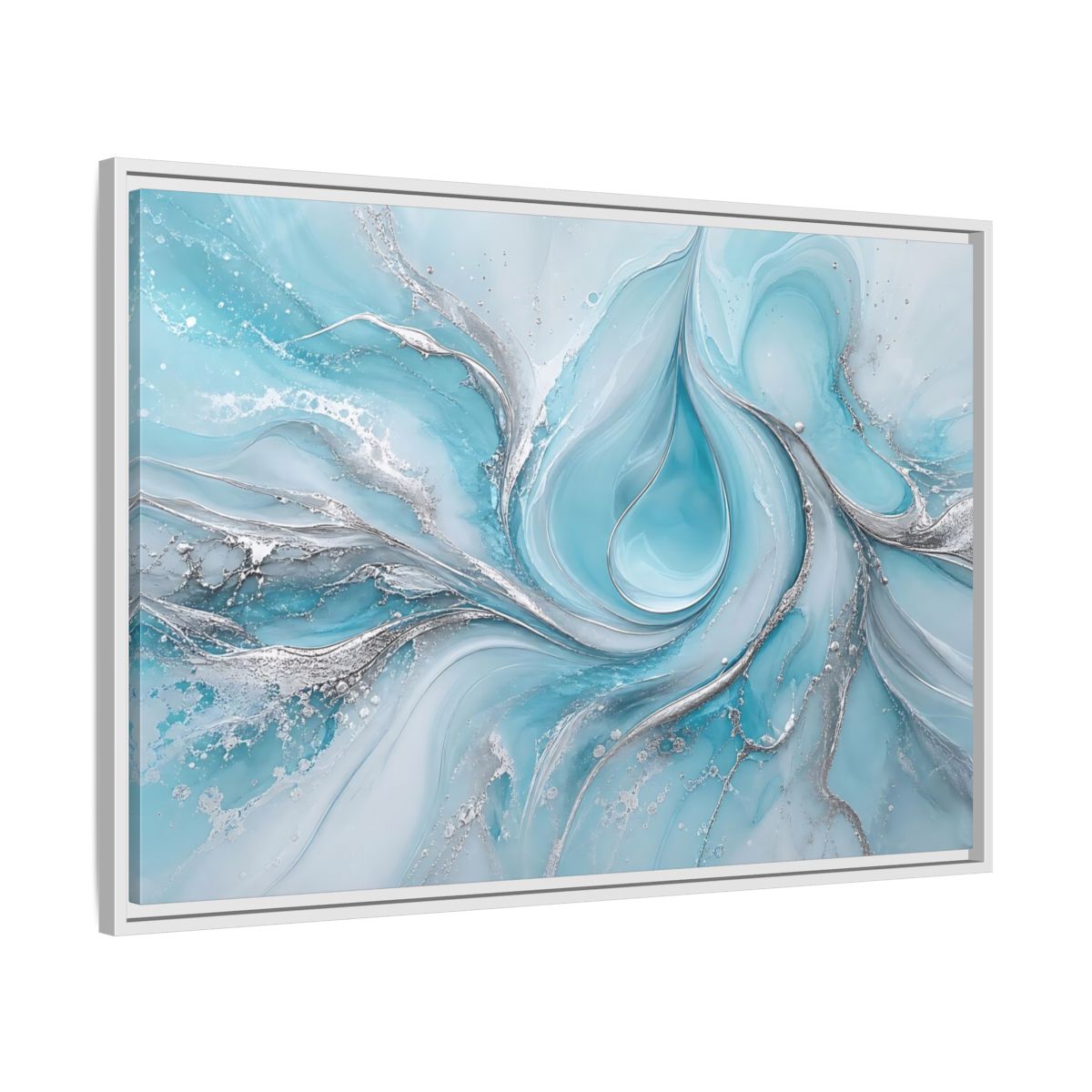 Side Mockup 9. Abstract Fluid Art Blue And Silver shown as stretched canvas wall art