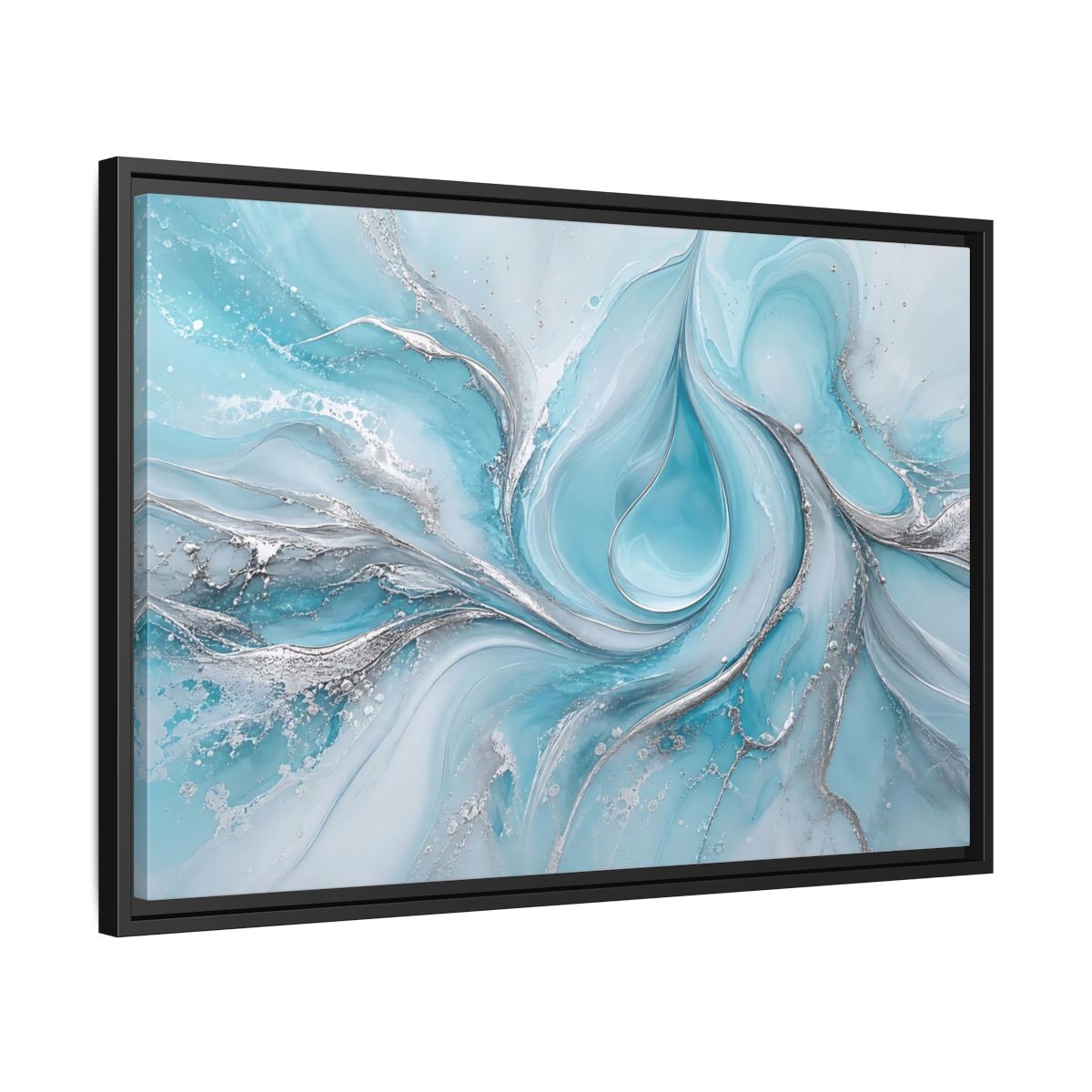 Side Mockup 14. Abstract Fluid Art Blue And Silver shown as stretched canvas wall art