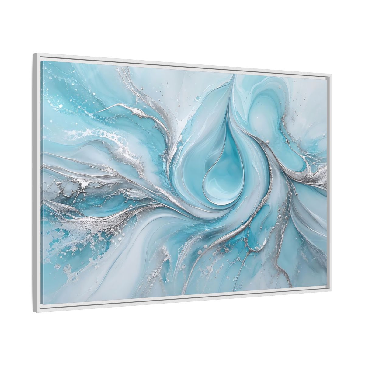 Side Mockup 7. Abstract Fluid Art Blue And Silver shown as stretched canvas wall art