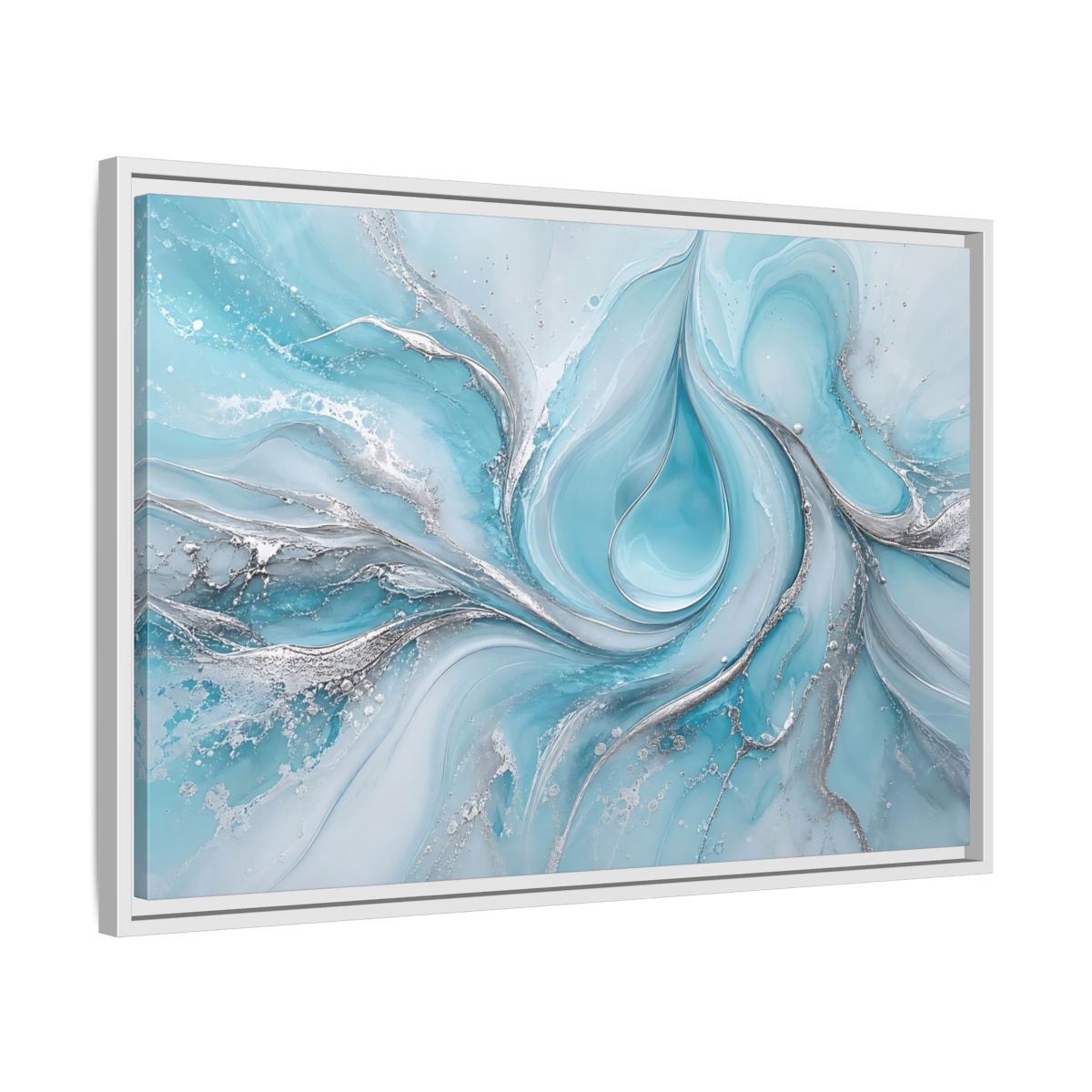Side Mockup 10. Abstract Fluid Art Blue And Silver shown as stretched canvas wall art