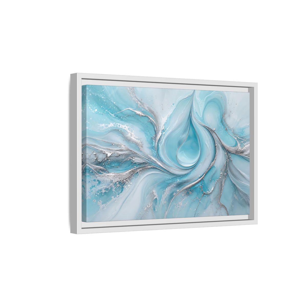 Side Mockup 4. Abstract Fluid Art Blue And Silver shown as stretched canvas wall art