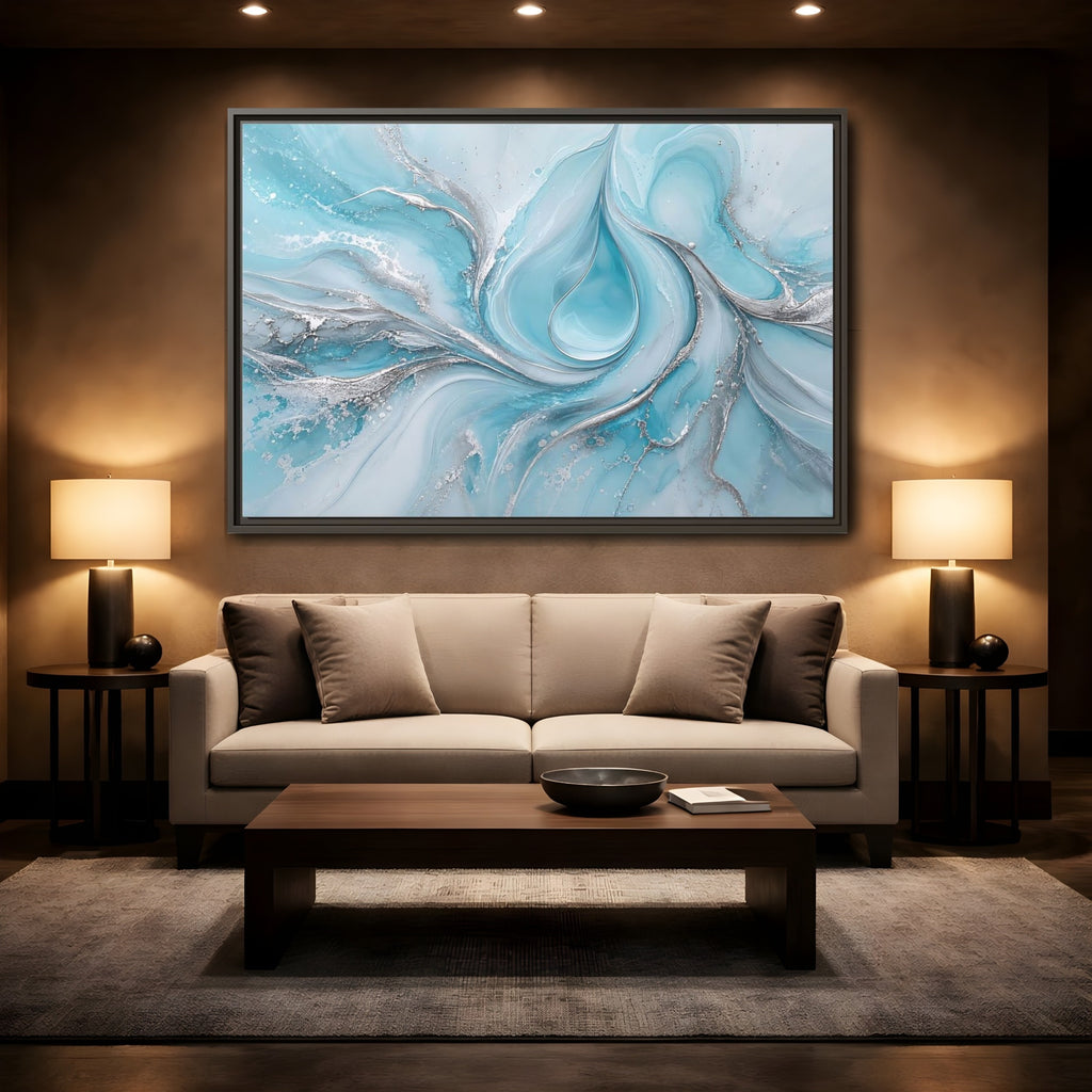 Mockup 2. Abstract Fluid Art Blue And Silver shown as stretched canvas wall art