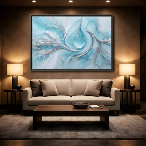 Mockup 2. Abstract Fluid Art Blue And Silver shown as stretched canvas wall art