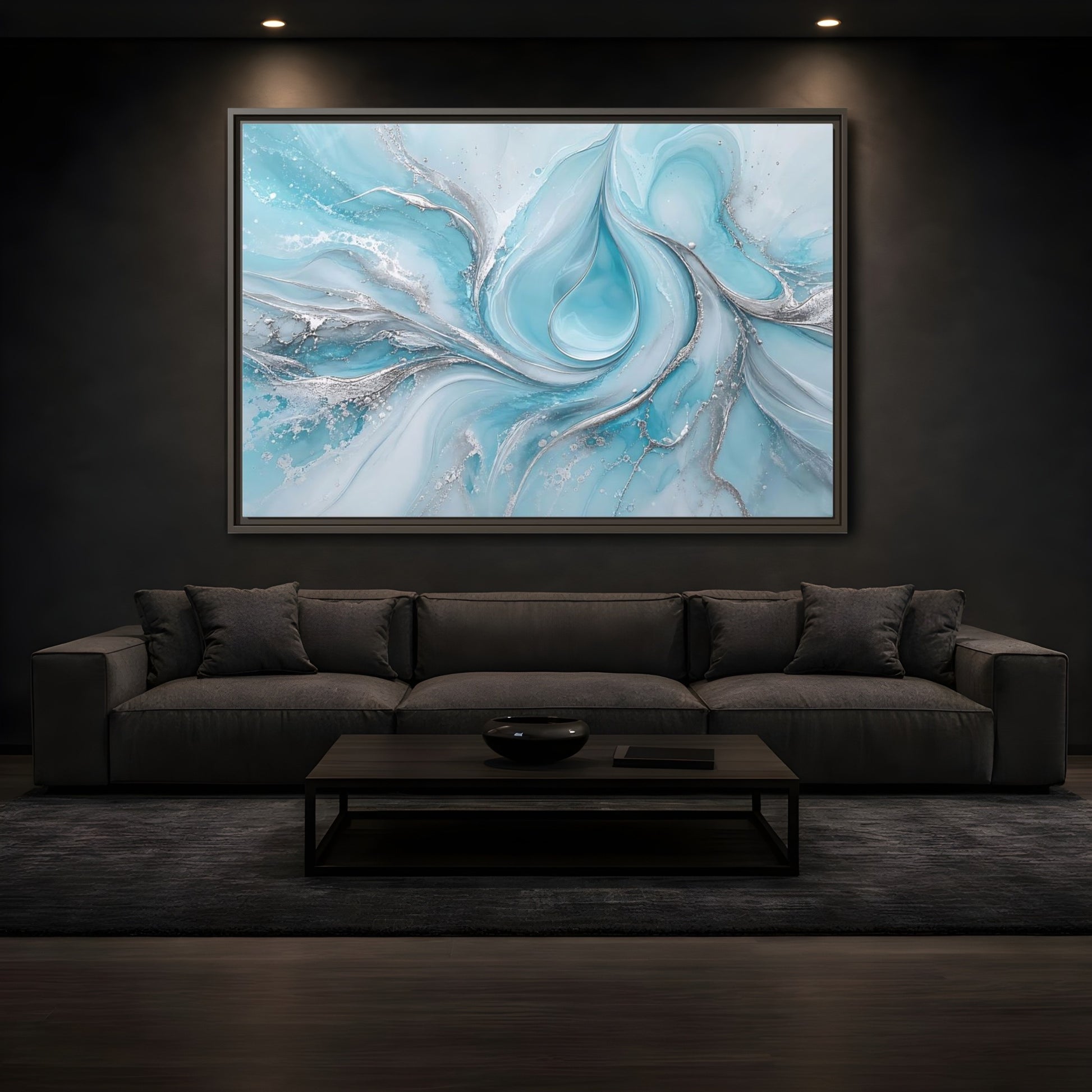 Mockup 3. Abstract Fluid Art Blue And Silver shown as stretched canvas wall art