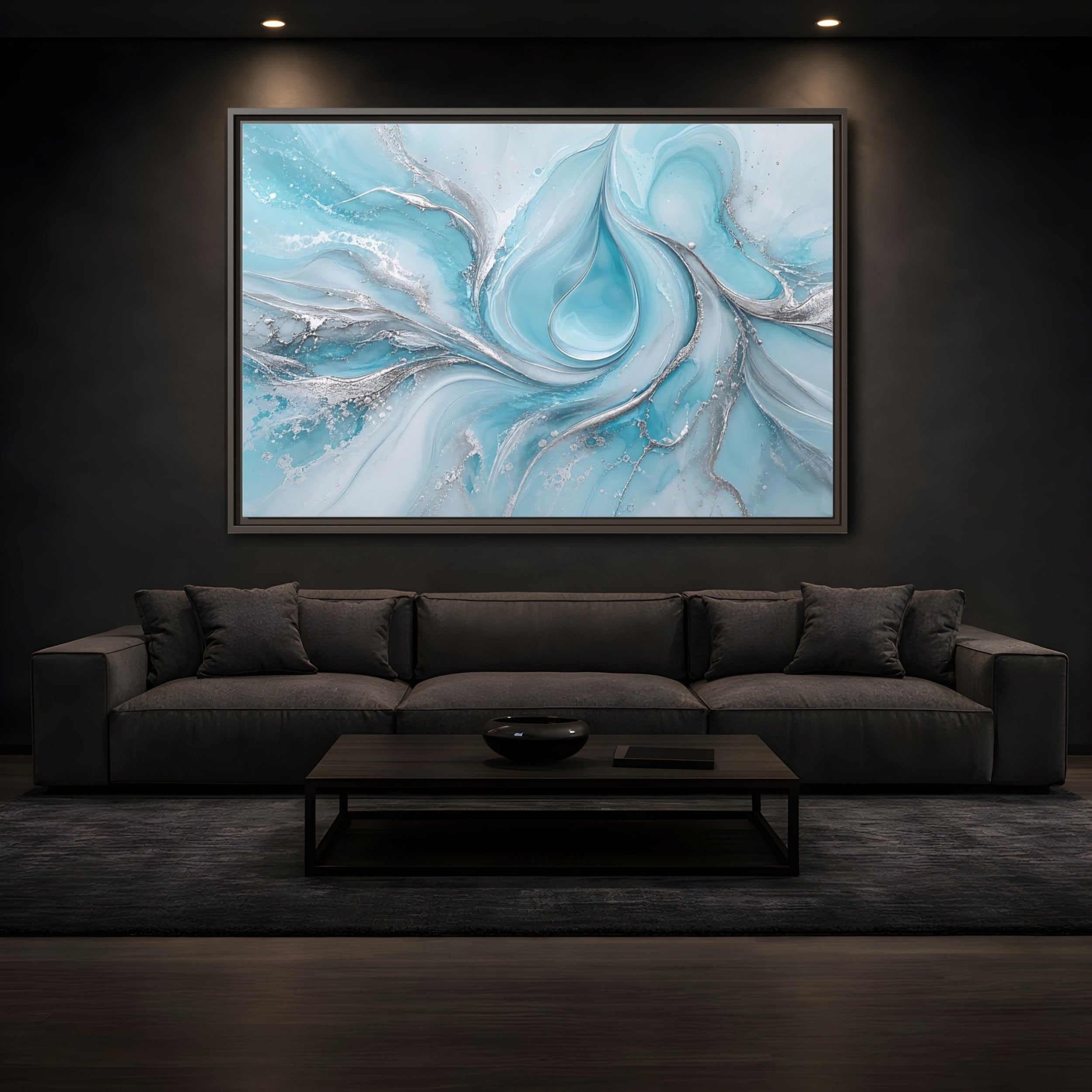 Mockup 3. Abstract Fluid Art Blue And Silver shown as stretched canvas wall art