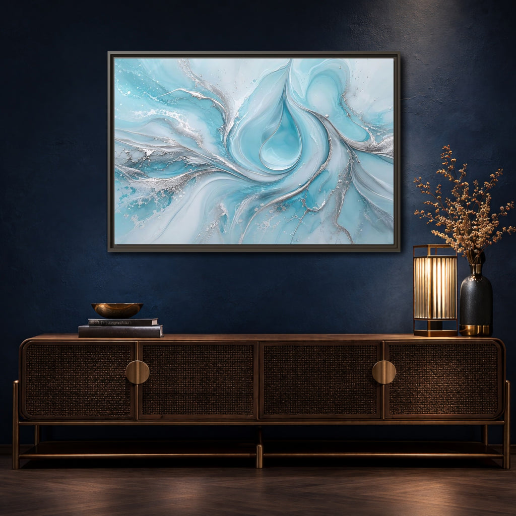 Mockup 4. Abstract Fluid Art Blue And Silver shown as stretched canvas wall art