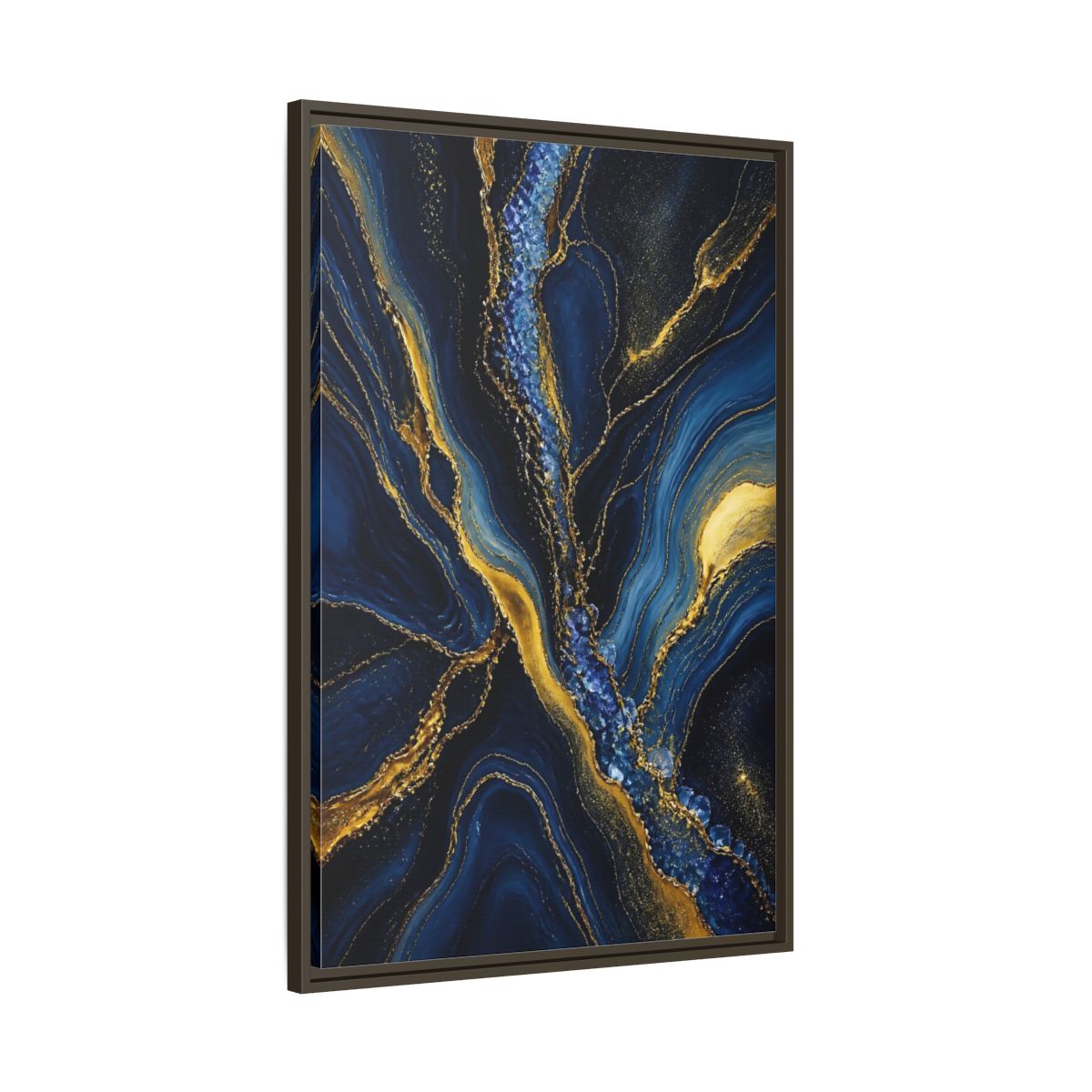 Main Mockup. Abstract Fluid Art Blue Gold Abstract shown as stretched canvas wall art