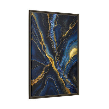 Main Mockup. Abstract Fluid Art Blue Gold Abstract shown as stretched canvas wall art