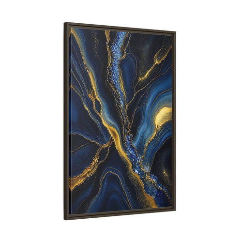 Main Mockup. Abstract Fluid Art Blue Gold Abstract shown as stretched canvas wall art