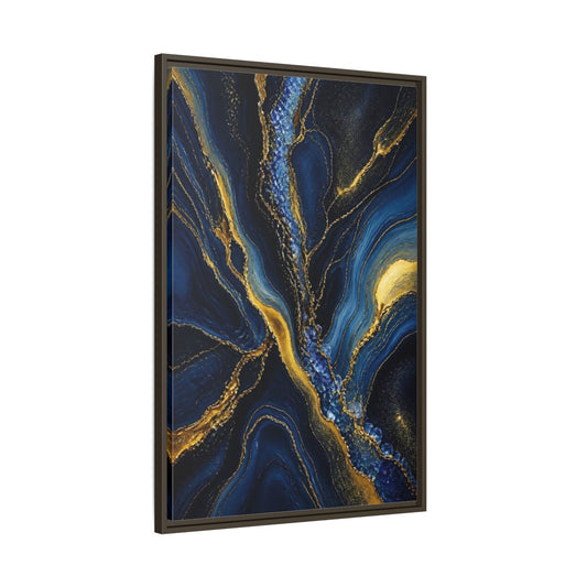Main Mockup. Abstract Fluid Art Blue Gold Abstract shown as stretched canvas wall art