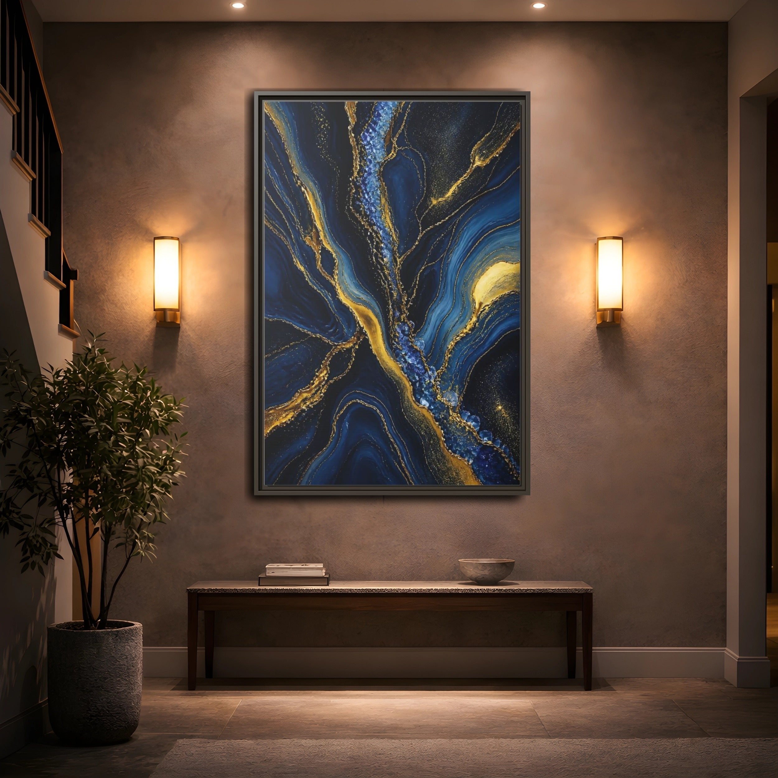 Mockup 2. Abstract Fluid Art Blue Gold Abstract shown as stretched canvas wall art
