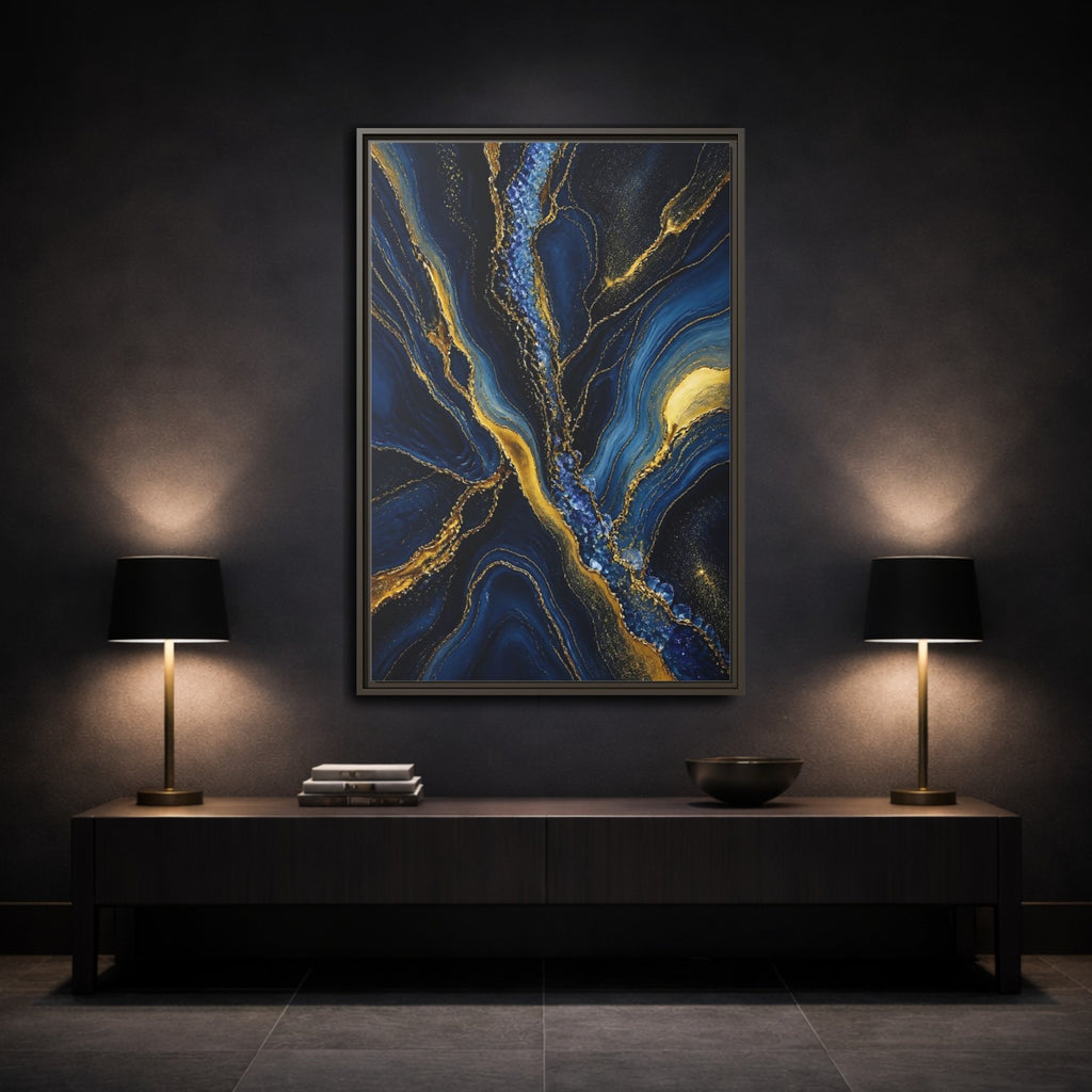 Mockup 3. Abstract Fluid Art Blue Gold Abstract shown as stretched canvas wall art