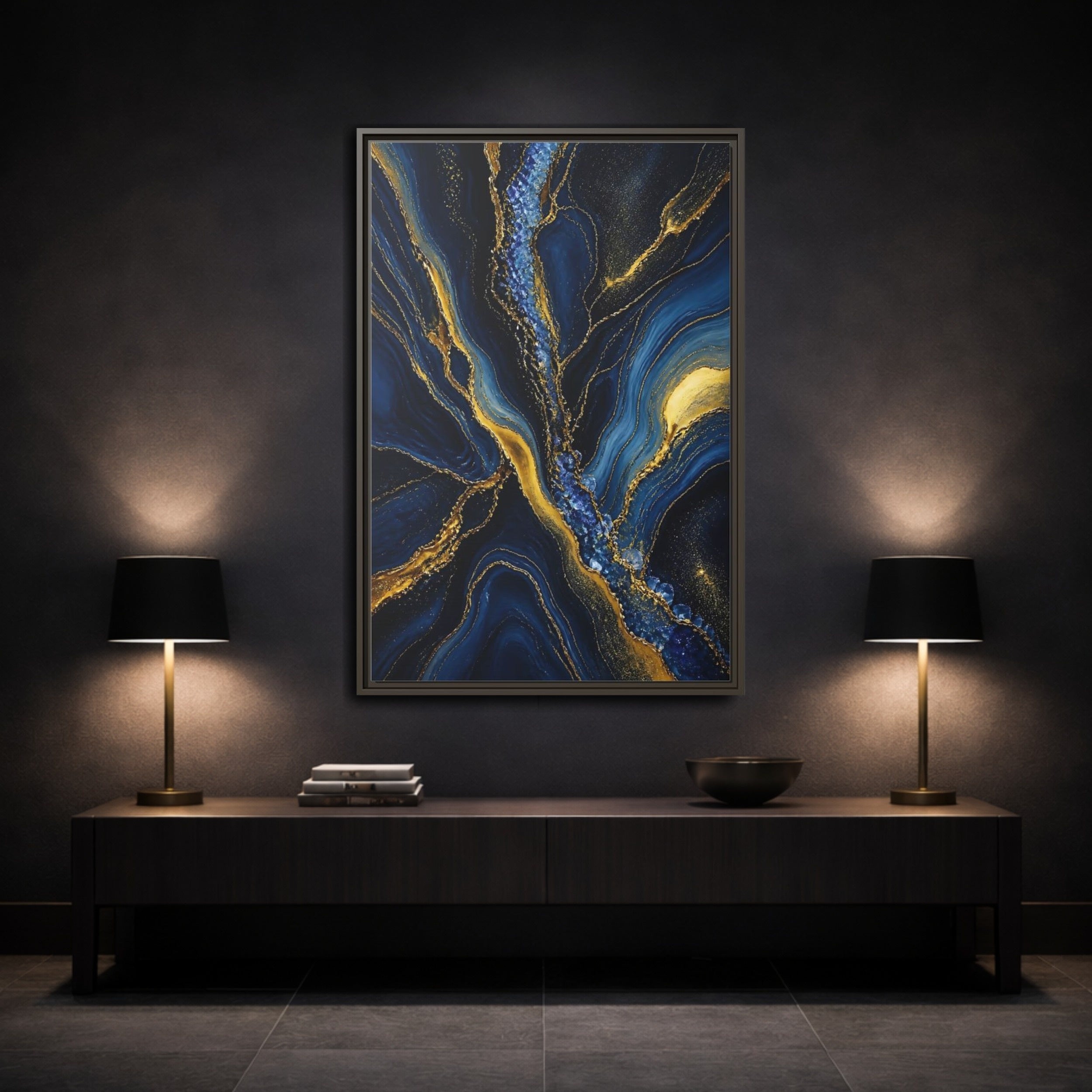 Mockup 3. Abstract Fluid Art Blue Gold Abstract shown as stretched canvas wall art