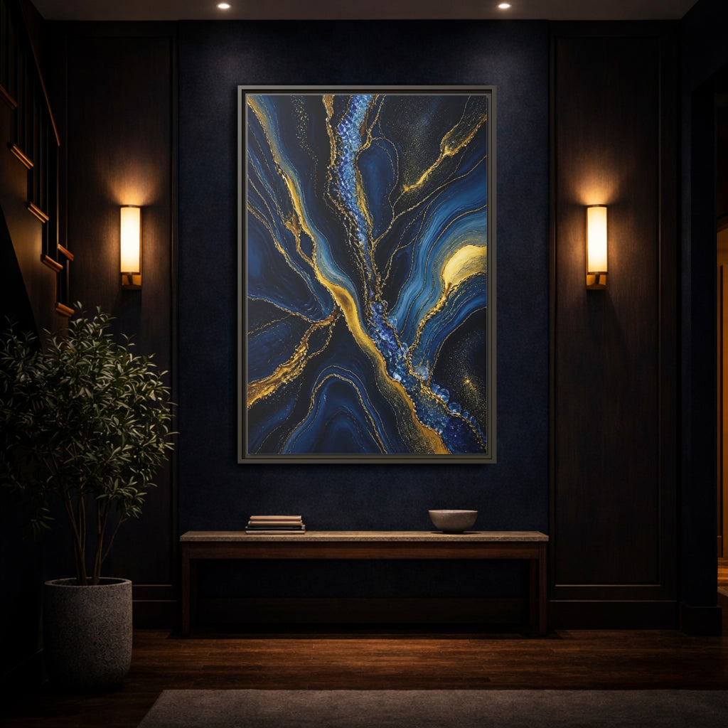 Mockup 4. Abstract Fluid Art Blue Gold Abstract shown as stretched canvas wall art