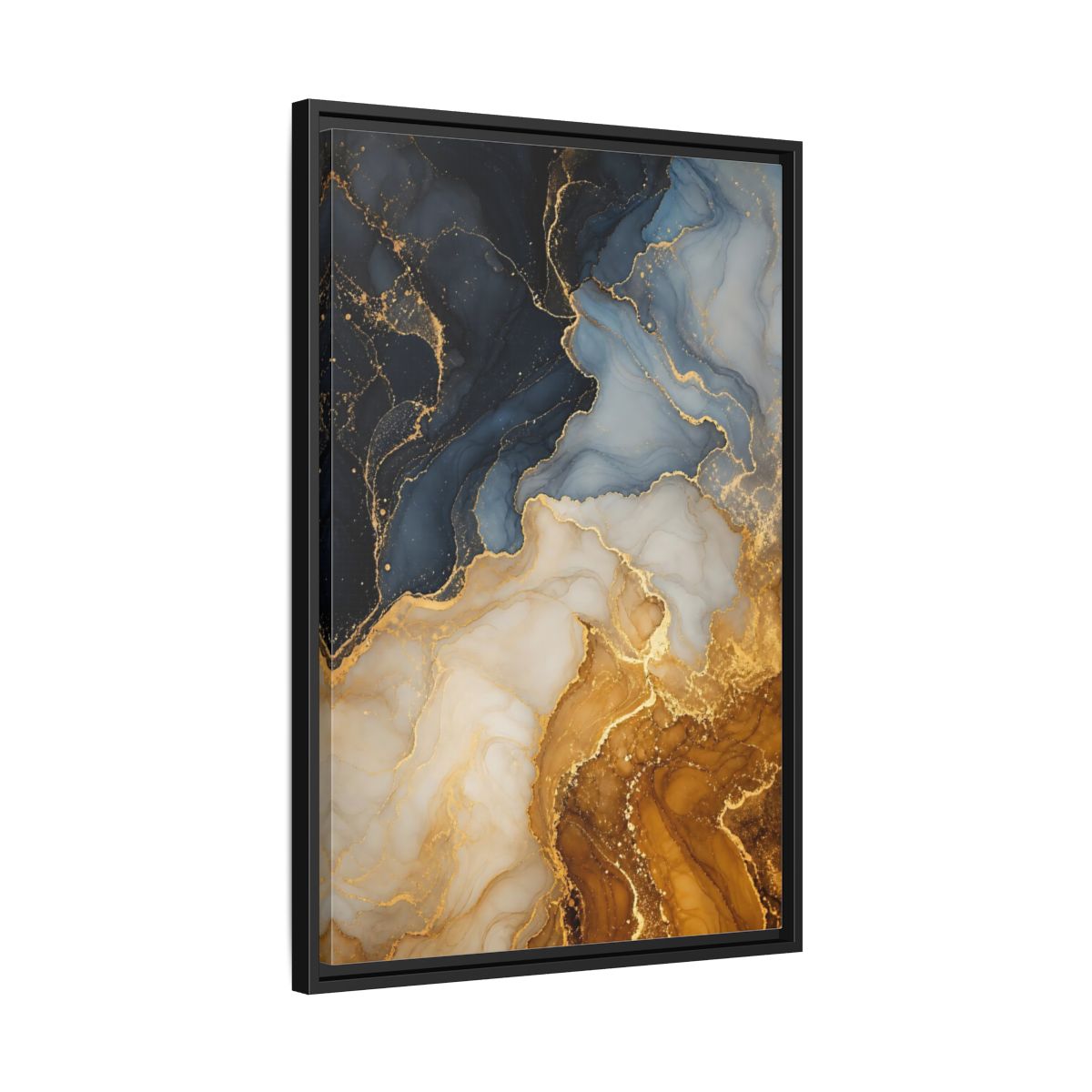 Side Mockup 14. Abstract Fluid Art Abstract Blue Gold shown as stretched canvas wall art