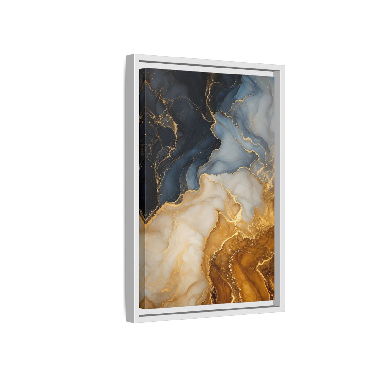 Side Mockup 4. Abstract Fluid Art Abstract Blue Gold shown as stretched canvas wall art