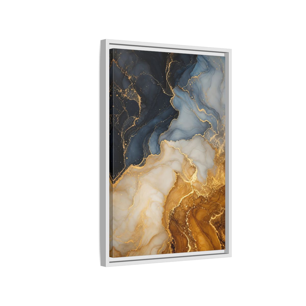 Side Mockup 1. Abstract Fluid Art Abstract Blue Gold shown as stretched canvas wall art