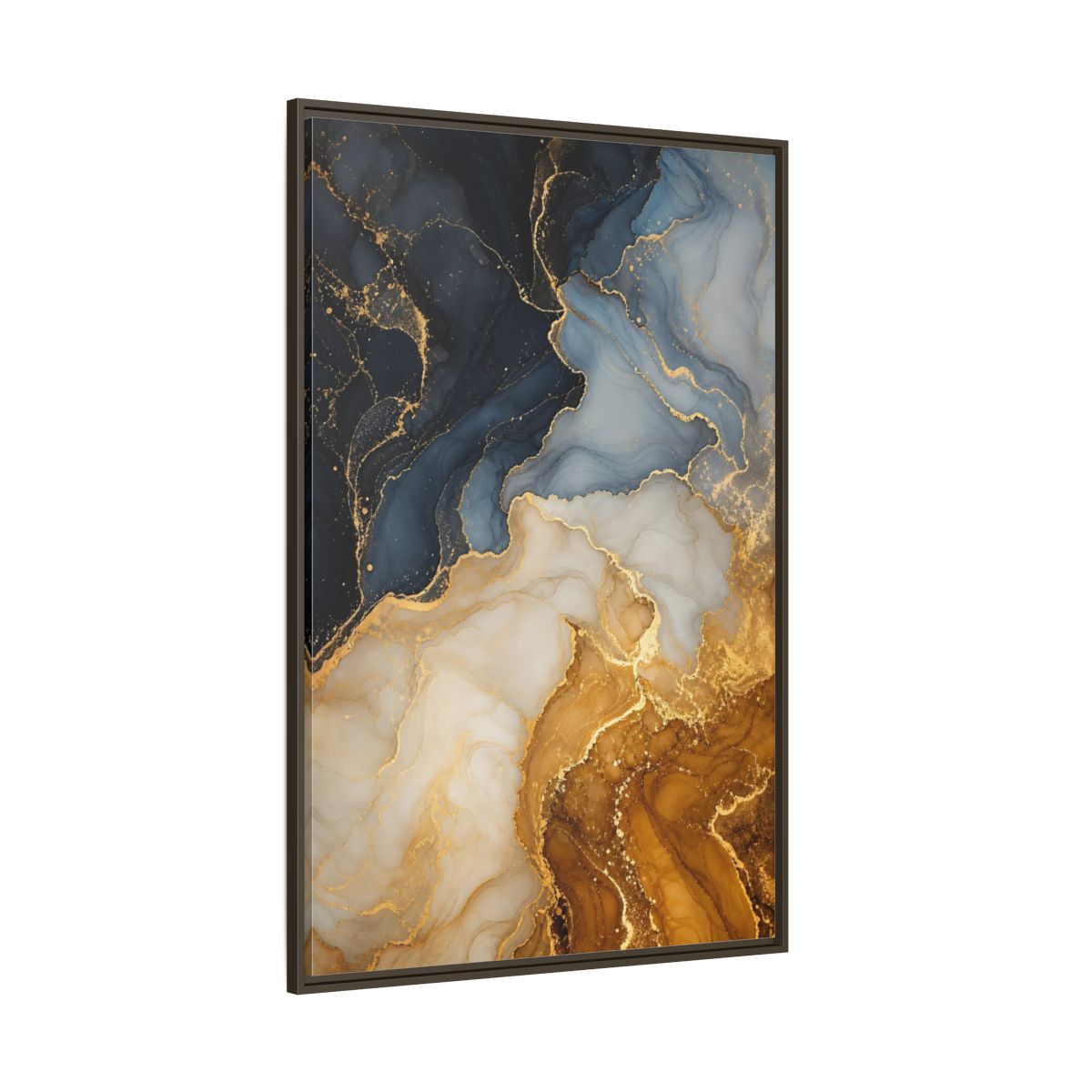 Side Mockup 8. Abstract Fluid Art Abstract Blue Gold shown as stretched canvas wall art