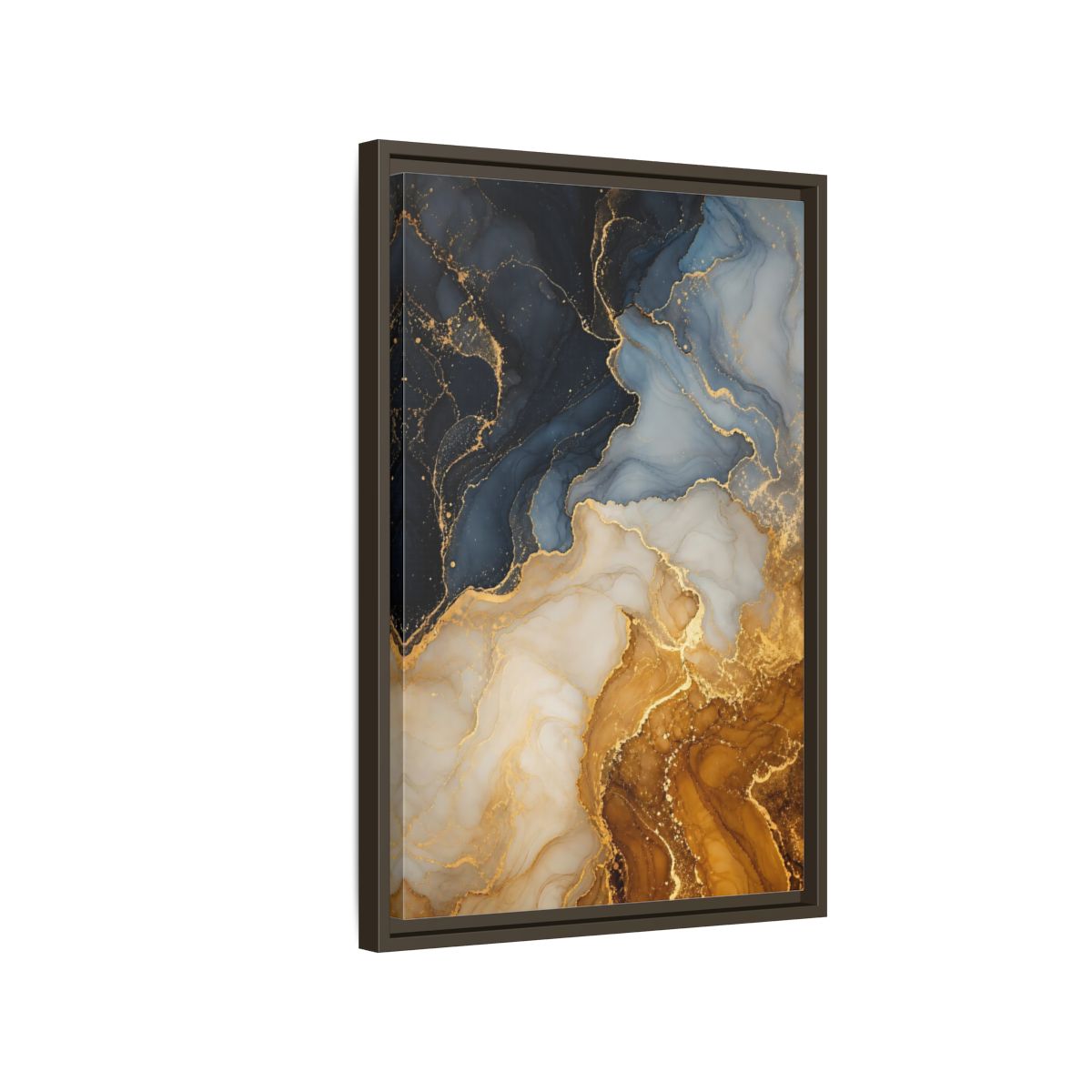 Side Mockup 2. Abstract Fluid Art Abstract Blue Gold shown as stretched canvas wall art
