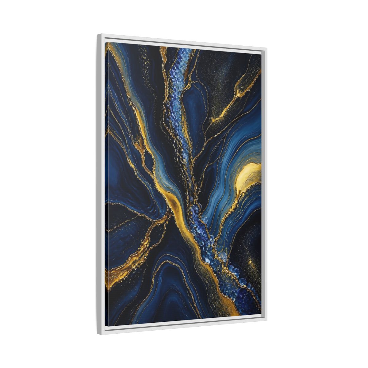 Side Mockup 9. Abstract Fluid Art Blue Gold Abstract shown as stretched canvas wall art