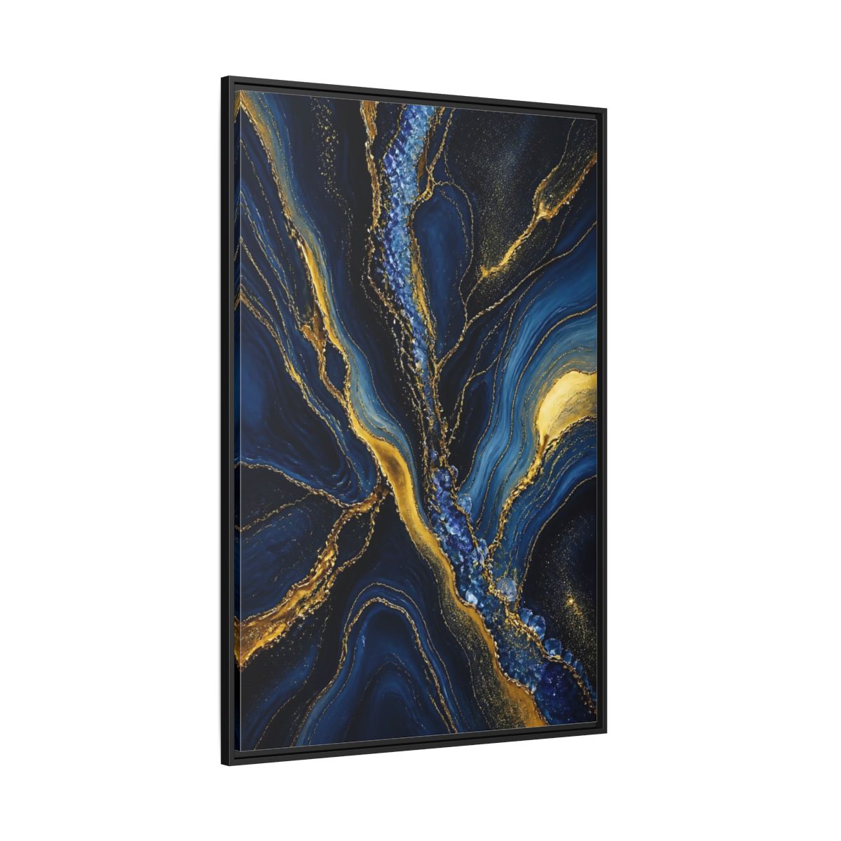 Side Mockup 12. Abstract Fluid Art Blue Gold Abstract shown as stretched canvas wall art