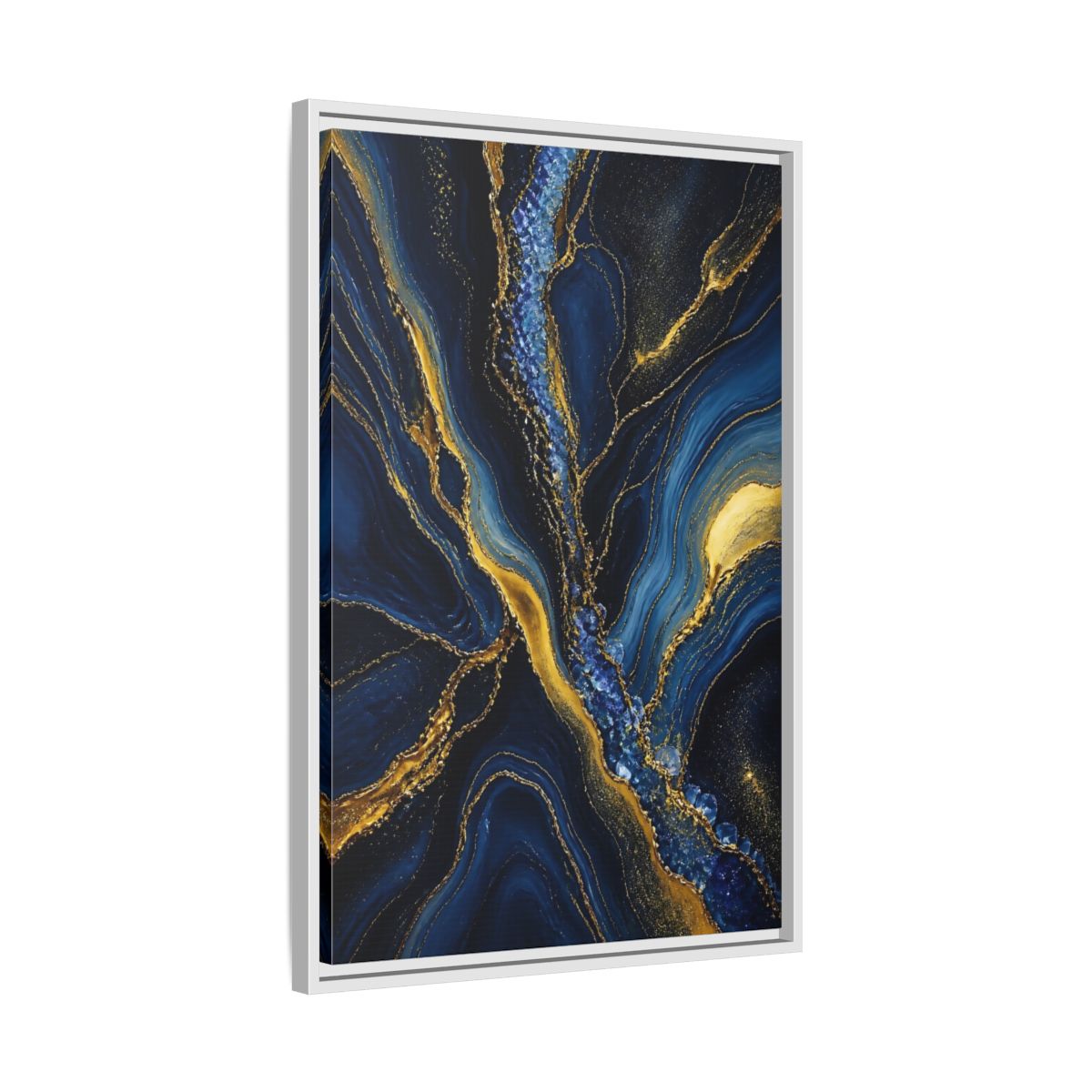 Side Mockup 10. Abstract Fluid Art Blue Gold Abstract shown as stretched canvas wall art