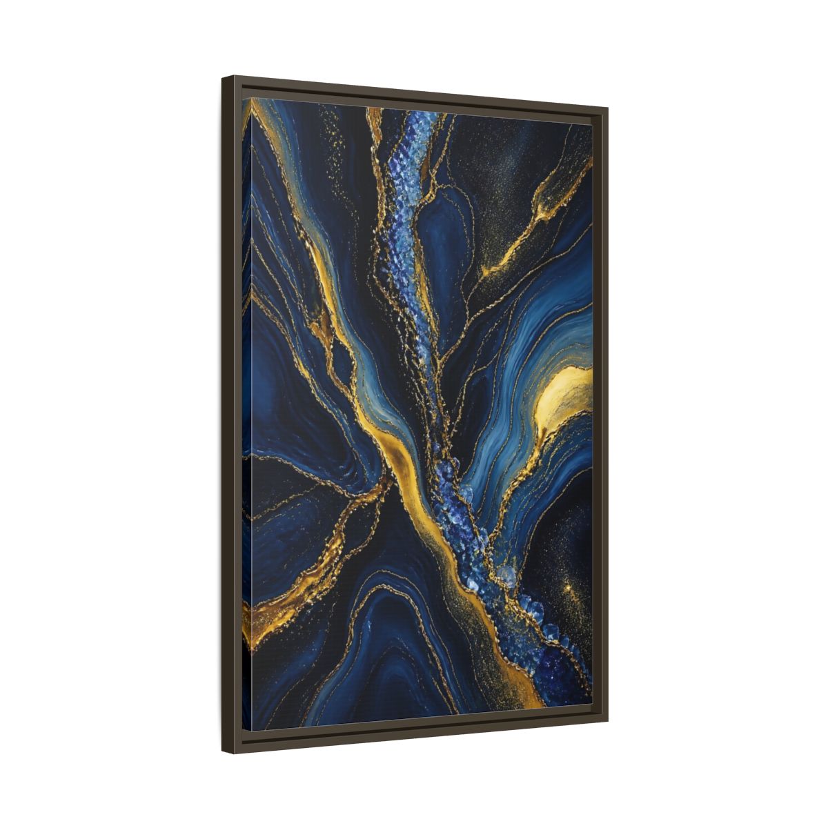 Side Mockup 11. Abstract Fluid Art Blue Gold Abstract shown as stretched canvas wall art