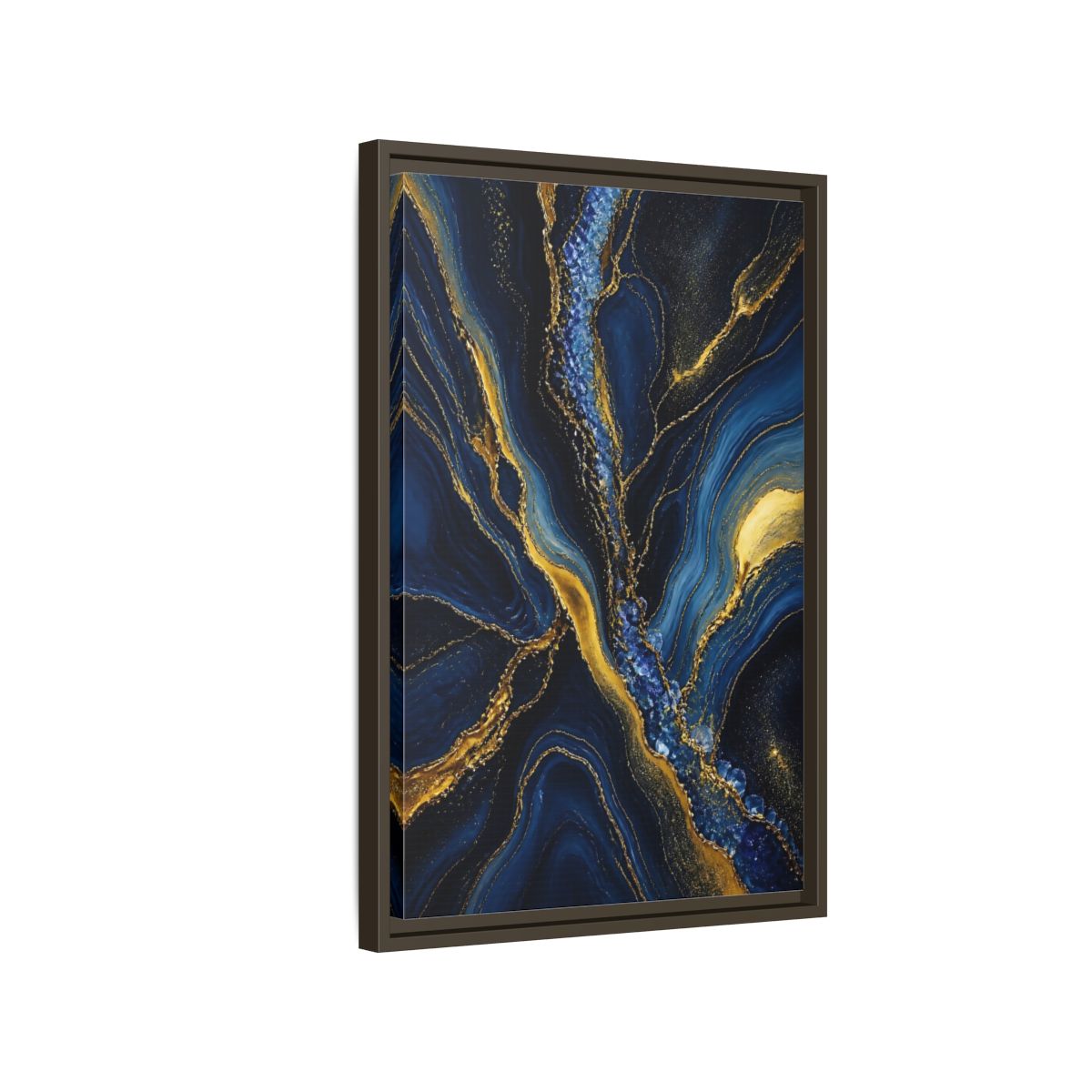 Side Mockup 2. Abstract Fluid Art Blue Gold Abstract shown as stretched canvas wall art