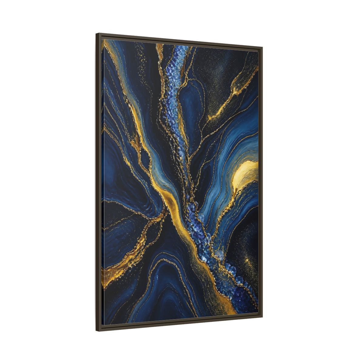 Side Mockup 8. Abstract Fluid Art Blue Gold Abstract shown as stretched canvas wall art