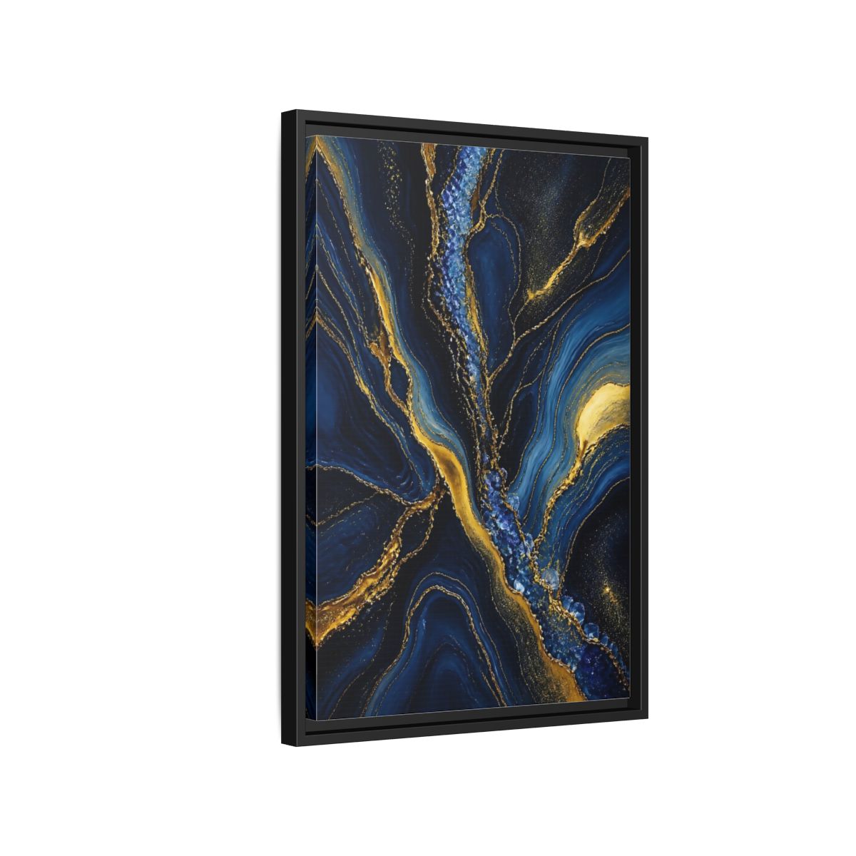 Side Mockup 3. Abstract Fluid Art Blue Gold Abstract shown as stretched canvas wall art