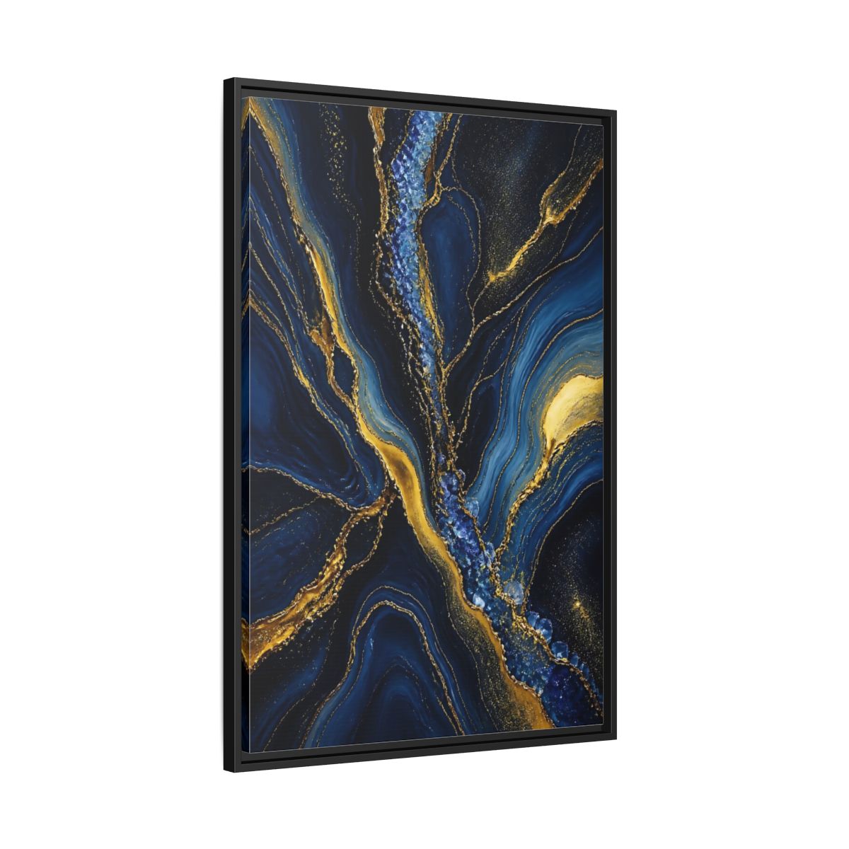 Side Mockup 13. Abstract Fluid Art Blue Gold Abstract shown as stretched canvas wall art
