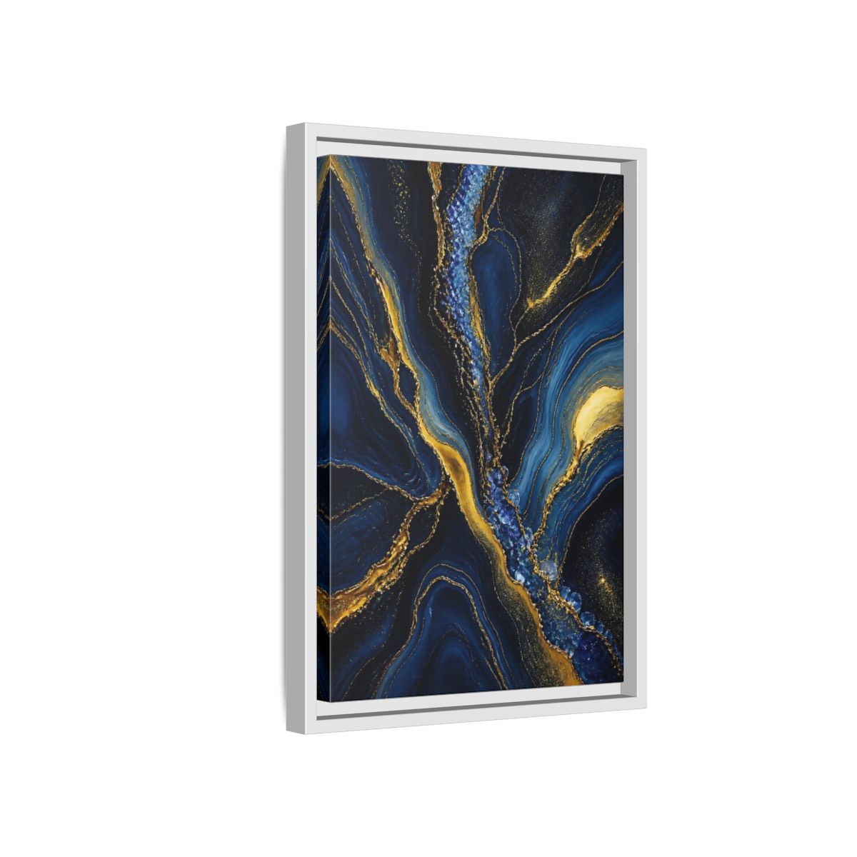 Side Mockup 4. Abstract Fluid Art Blue Gold Abstract shown as stretched canvas wall art