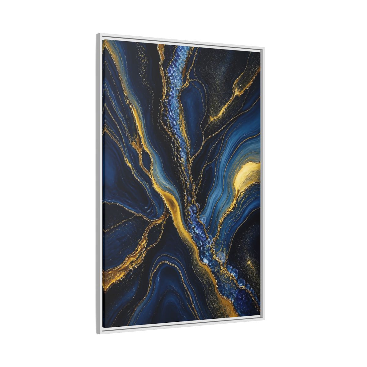 Side Mockup 7. Abstract Fluid Art Blue Gold Abstract shown as stretched canvas wall art