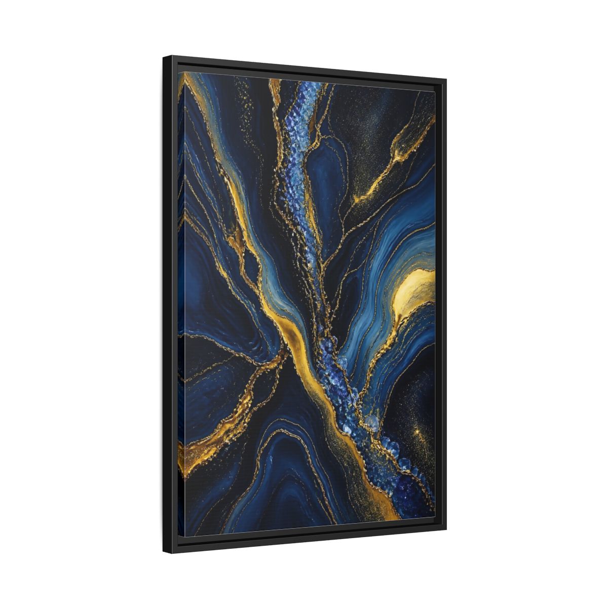 Side Mockup 14. Abstract Fluid Art Blue Gold Abstract shown as stretched canvas wall art