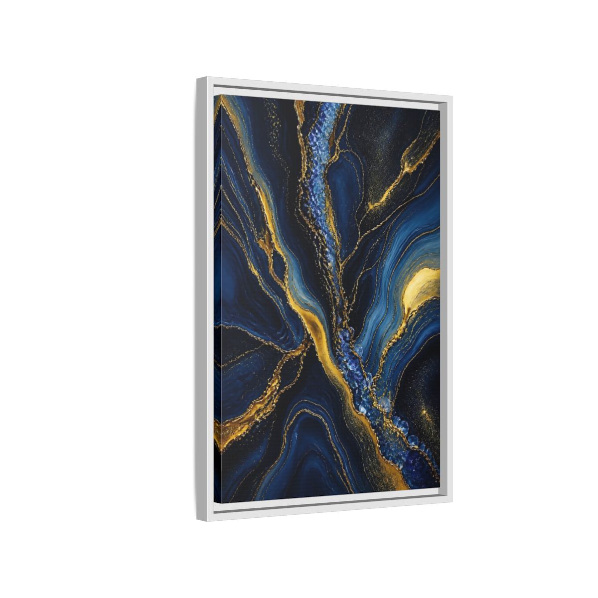 Side Mockup 1. Abstract Fluid Art Blue Gold Abstract shown as stretched canvas wall art