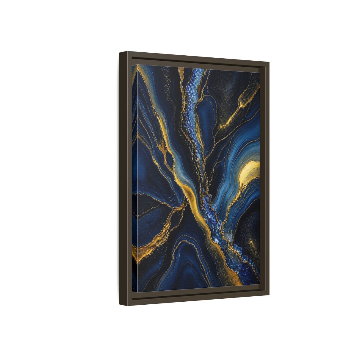Side Mockup 5. Abstract Fluid Art Blue Gold Abstract shown as stretched canvas wall art