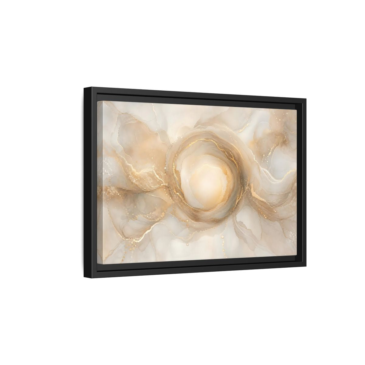 Side Mockup 6. Abstract Fluid Art Gold And Beige shown as stretched canvas wall art