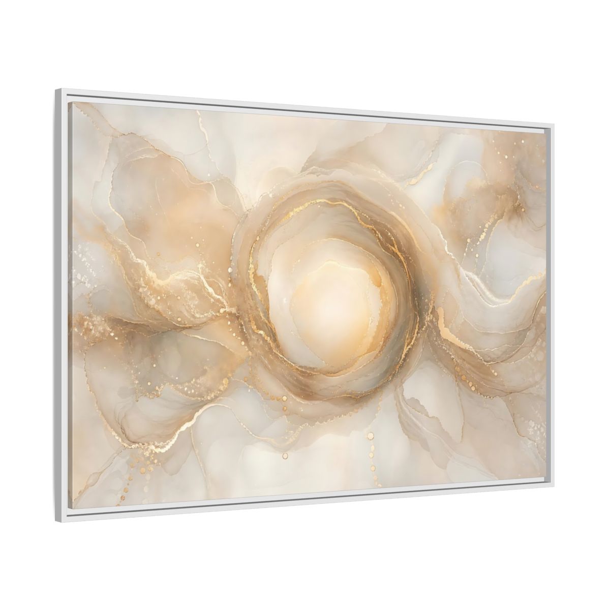 Side Mockup 7. Abstract Fluid Art Gold And Beige shown as stretched canvas wall art